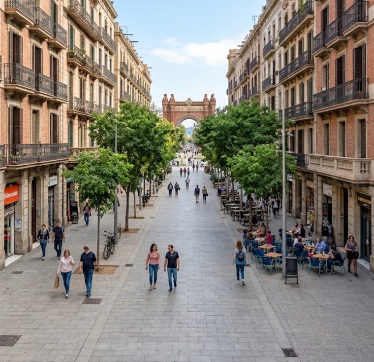 Vistas de las amplias avenidas del Eixample, zonas culturales y vida vecinal en El Fort Pienc, Barcelona